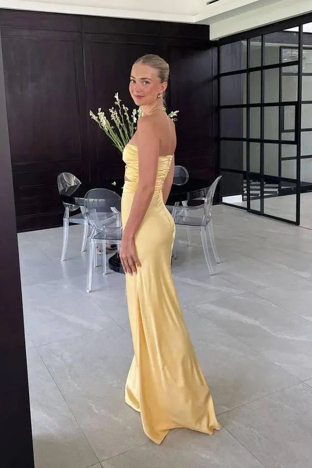 Yellow Mermaid Strapless Silk Satin Evening Party Dress Long Prom Gown UQP0350