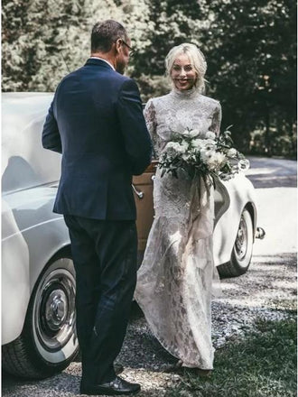 Mermaid High Neck Backless Long Sleeves Boho Lace Beach Wedding Dress UQW0061