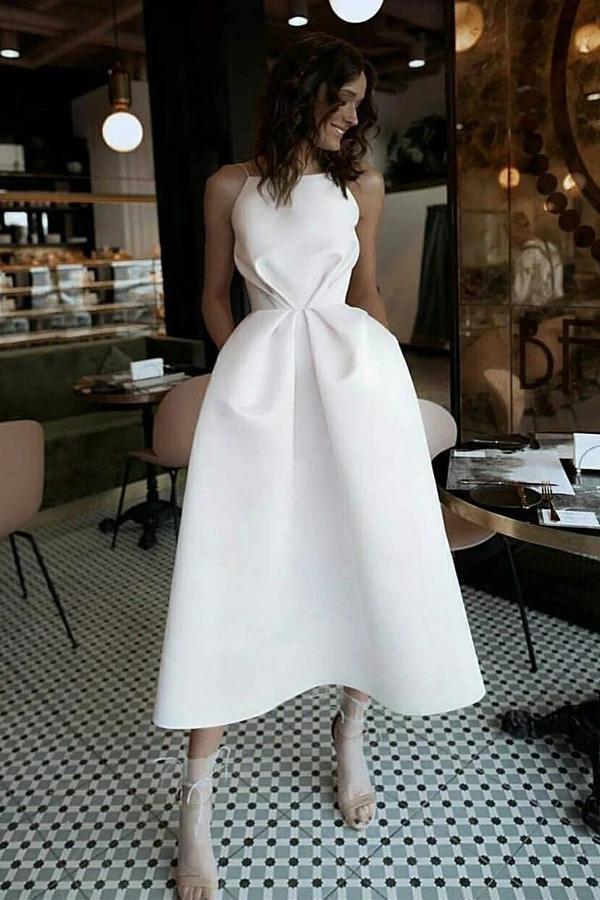 Unique Tea Length Satin Party Dress, Spaghetti Straps Backless Prom Dr Uniquedresss Unique Tea Length Satin Party Dress, Spaghetti Straps Backless Prom Dr Uniquedresss