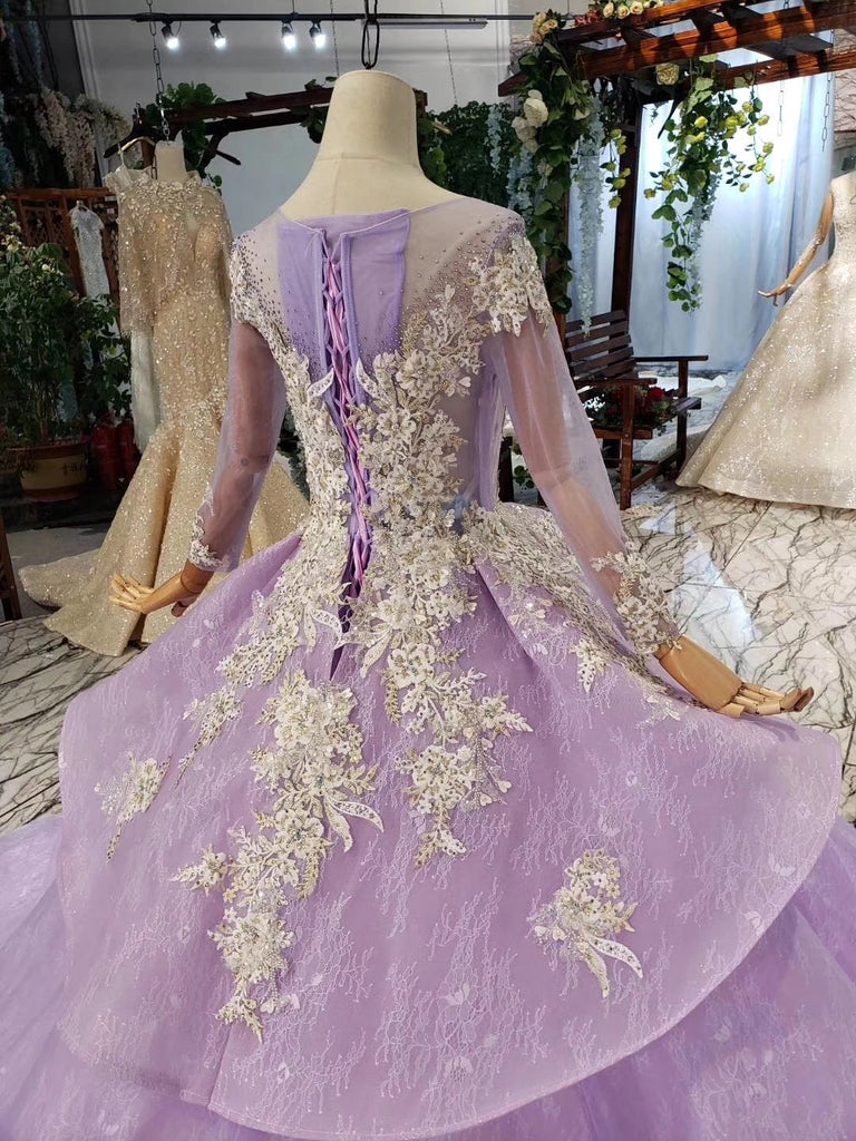 Stunning Long Sleeve Ball Gown Appliques Beading Lilac Quinceanera Dress UQ2031