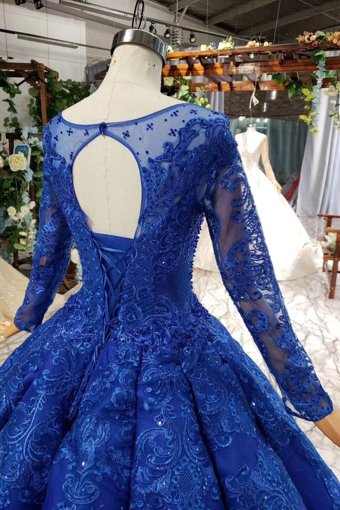 Royal Blue Long Sleeves Ball Gown Prom Dresses, Puffy Quinceanera Dress with Appliques UQ2030
