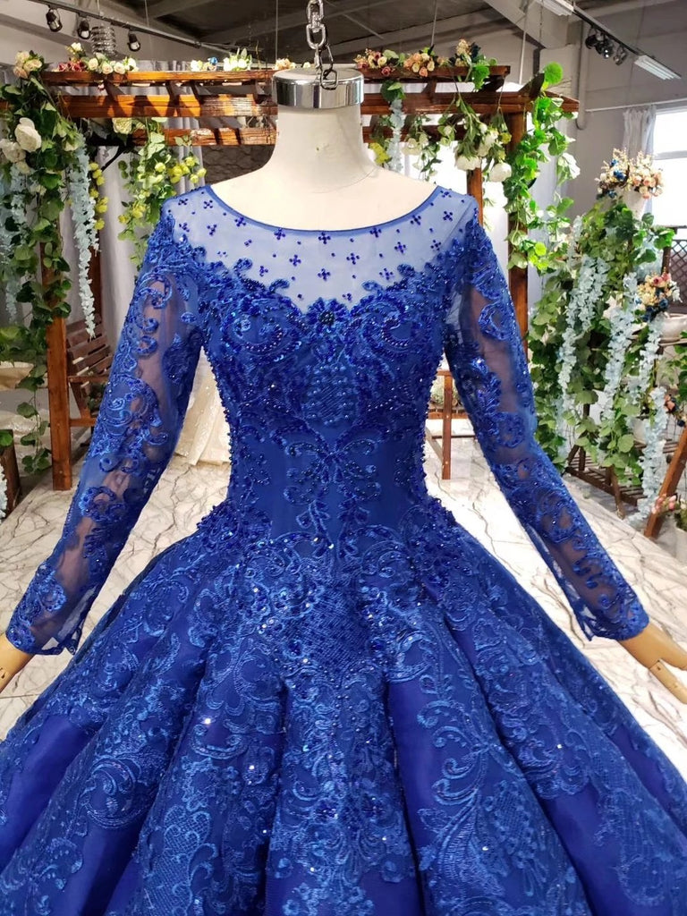 Royal Blue Long Sleeves Ball Gown Prom Dresses, Puffy Quinceanera Dress with Appliques UQ2030