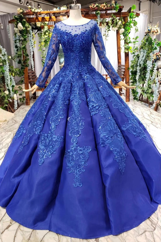 Royal Blue Long Sleeves Ball Gown Prom Dresses, Puffy Quinceanera Dress with Appliques N2030