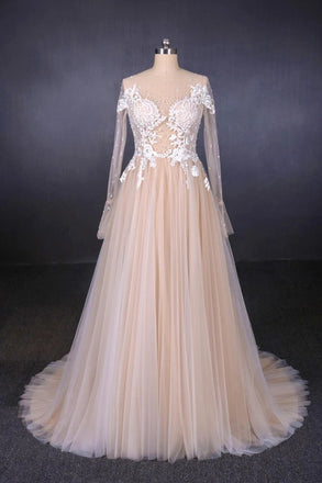 Sheer Neck Long Sleeves Tulle Wedding Dress, Charming Tulle Bridal Dress UQ2307
