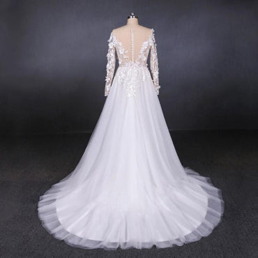 White A Line Tulle Long Sleeves Wedding Gown, Bridal Dress with Lace Appliques UQ2308