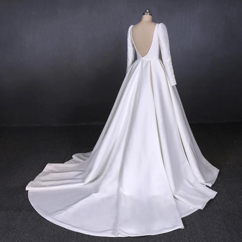 Long Sleeves Satin White Wedding Dress, Simple Backless Bridal Dresses UQ2301