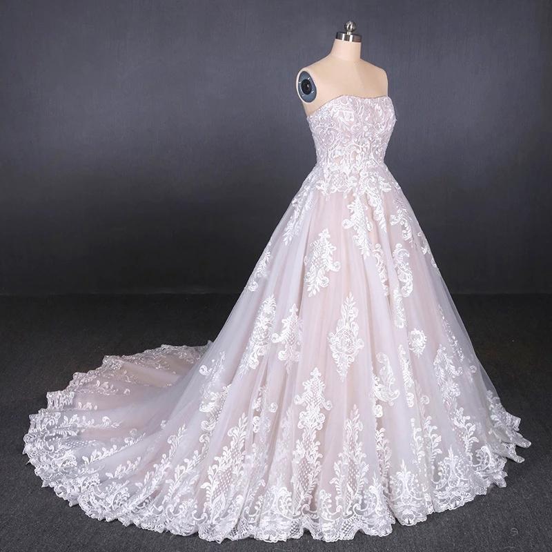 Puffy Strapless Tulle Wedding Dress with Lace Appliques, Long Train Lace Up Bridal Dress UQ2300