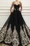 Modest Spapghetti Straps Long Black Prom Dresses With Appliques UQP0018