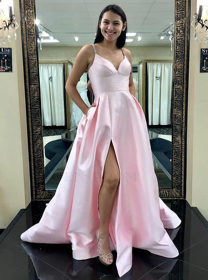 Simple Pink Satin A-line Prom Dresses Party Gown With Pockets UQP0025