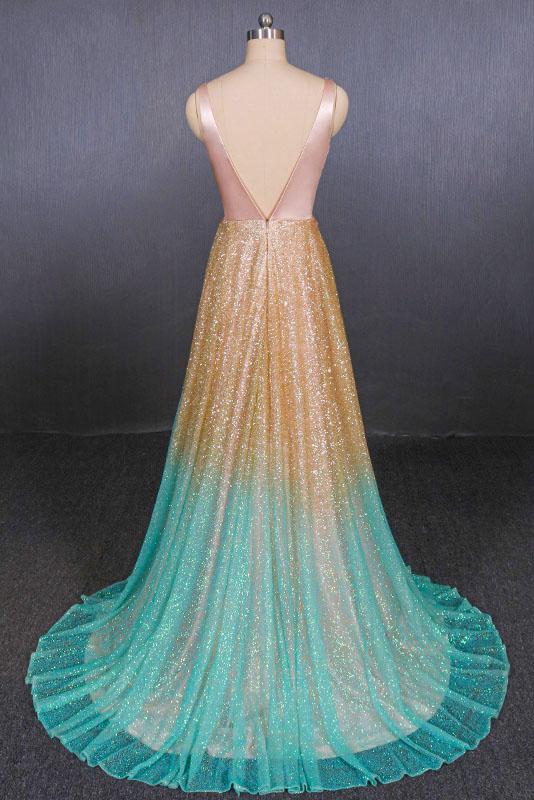 Ombre Deep V Neck Sleeveless A Line Prom Dress, Ombre Backless Shiny Evening Dress UQ2334
