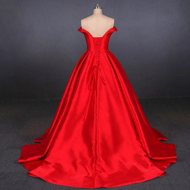 Puffy Off the Shoulder Red Satin Prom Dress, A Line Party Dress with Belt UQ2342
