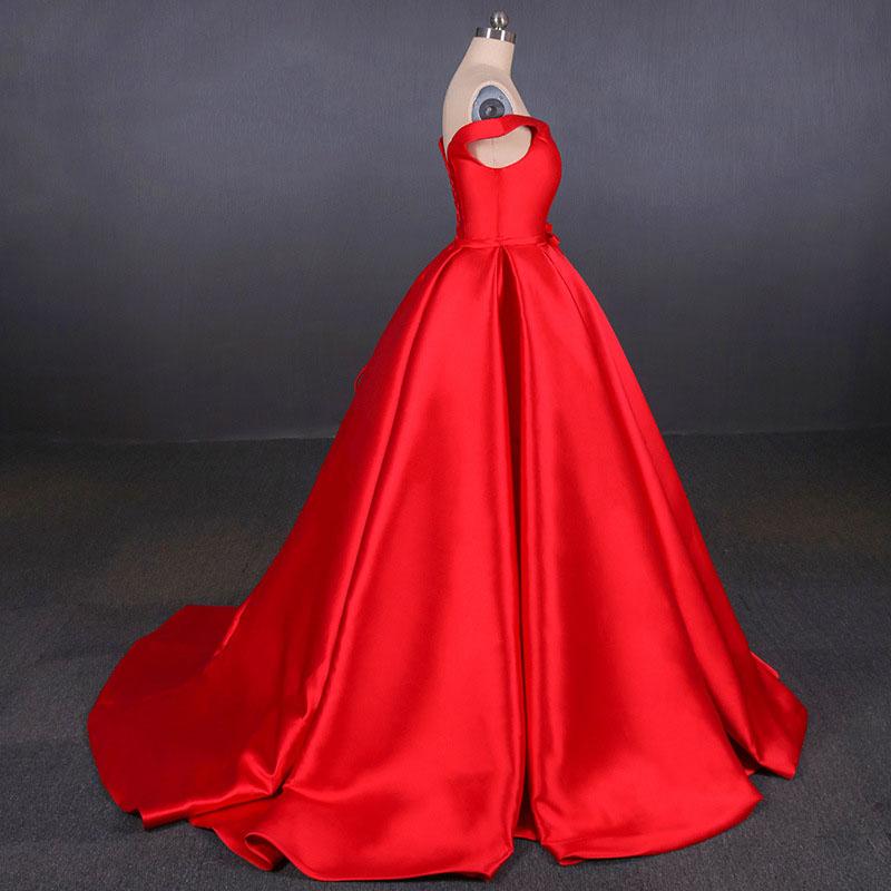 Puffy Off the Shoulder Red Satin Prom Dress, A Line Party Dress with Belt UQ2342