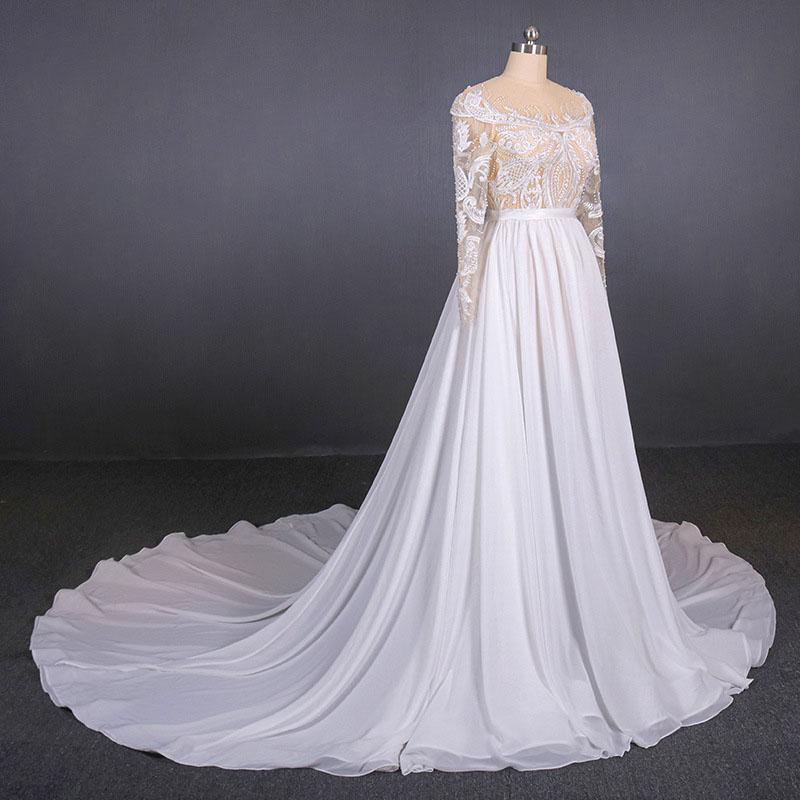 White Long Sleeves Chiffon Wedding Dress with Appliques, Gorgeous Long Bridal Dress UQ2354