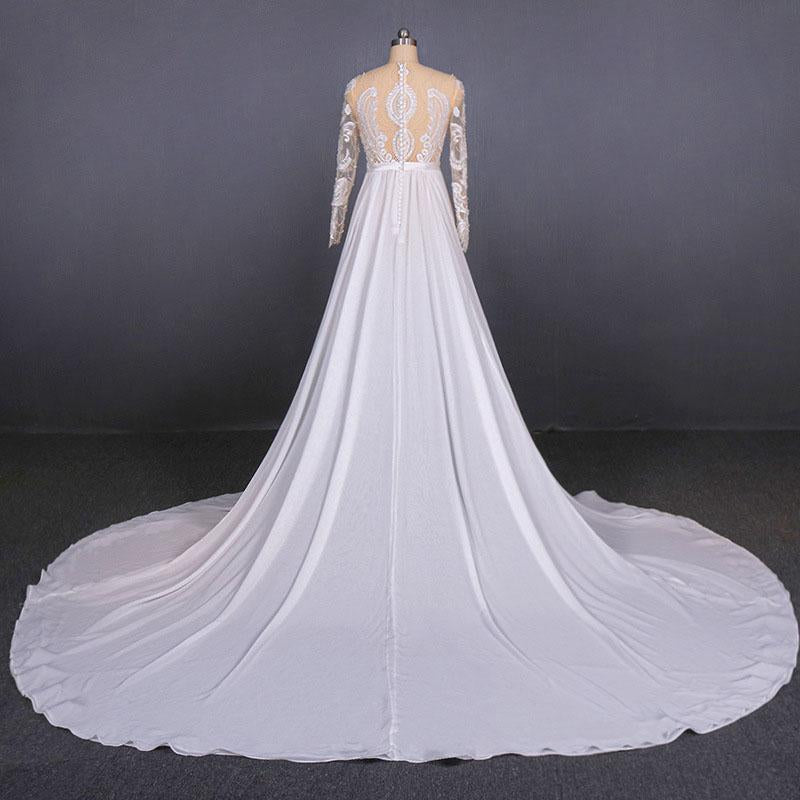 White Long Sleeves Chiffon Wedding Dress with Appliques, Gorgeous Long Bridal Dress UQ2354