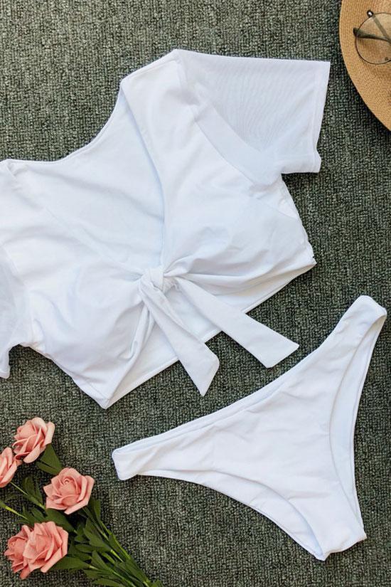 Solid White Short Sleeve Knotted Summer Swimsuit SB39