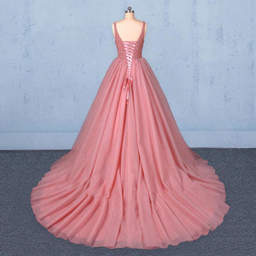 Ball Gown V Neck Tulle Prom Dress with Beads, Puffy Sleeveless Quinceanera Dresses UQ2333