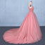 Ball Gown V Neck Tulle Prom Dress with Beads, Puffy Sleeveless Quinceanera Dresses UQ2333