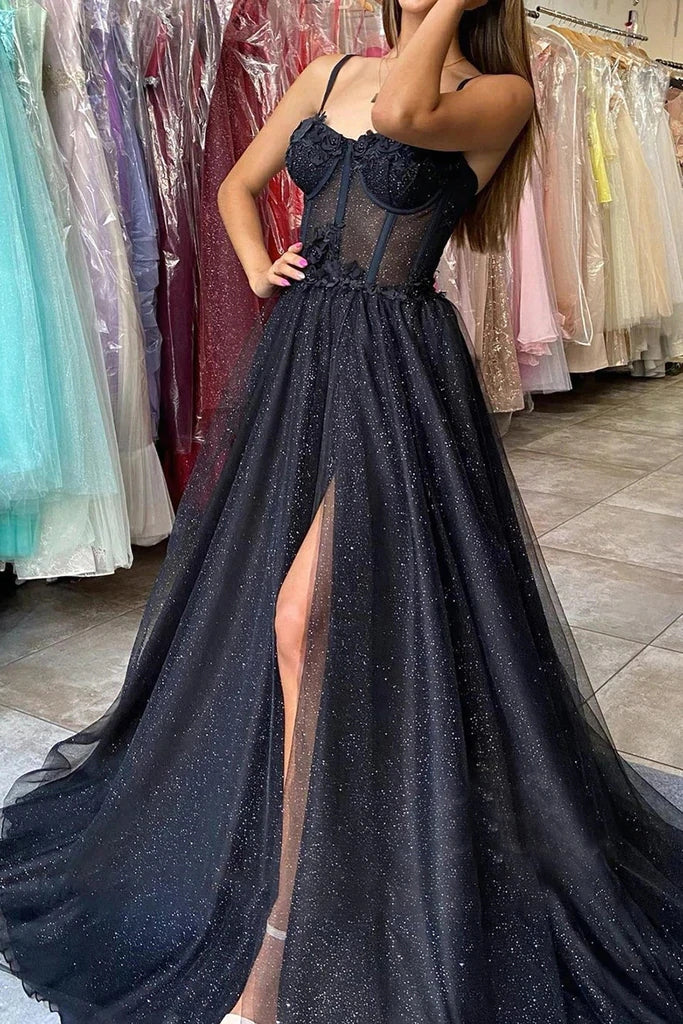 Black A Line Spaghetti Straps Prom Dresses with Slit, Sparkly Evening ...