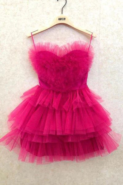 A Line Strapless Tiered Homecoming Dress with A Heart Shape, Hot Pink Short Dress UQH0101