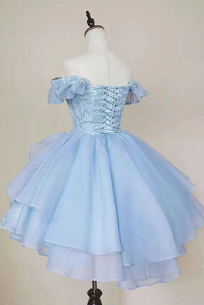 Princess Off the Shoulder Short Light Blue Lace Homecoming Dress UQH0097
