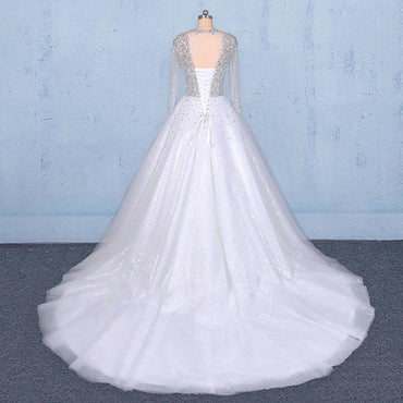 Puffy Long Sleeves Tulle White Wedding Dress, Shiny Long Bridal Dresses UQ2345