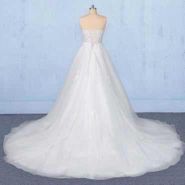 Off White Sweetheart High Low Tulle Appliques Wedding Dresses with Train UQ2346