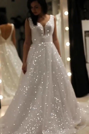 A-line V-neck Sparkly Wedding Dress, Sequin Backless Prom Bride Dress UQW0028