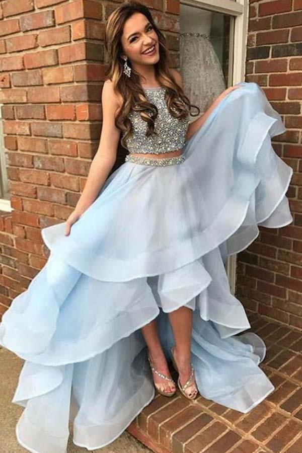 Light Blue Two Piece Beading High Low Prom Dresses, Sparkly Sleeveless Evening Dress UQ1706