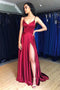 Burgundy Spaghetti Strap Sleeveless Split Prom Dress, Simple Long Evening Dresses UQ1707