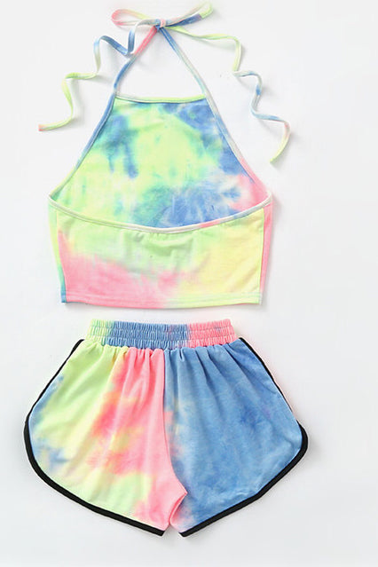Tie-Dye Gradient Halter Crop Top and Shorts Two Piece Set Women Summer Tank Camis Suits Holiday Outfit Tracksuit UQD002