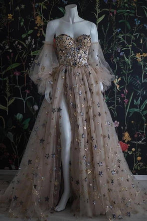 Chic Long Sweetheart Front Spalit Star Prom Dresses With Sleeves UQP0026