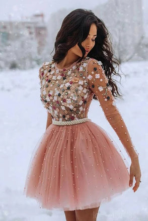 A Line Blush Pink Long Sleeve Homecoming Dresses 3D Flowers Beaded Short Prom Dresses UQH0051