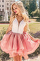 A-Line V-Neck Above-Knee Sleeveless Short Pink Tiered Homecoming Dress with Lace UQH0048