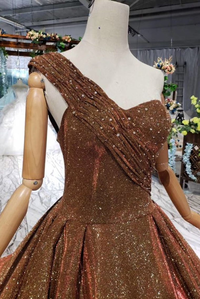 Big Prom Dresses One Shoulder Lace Up Back Sequins Beads Quinceanera Dresses UQ1716