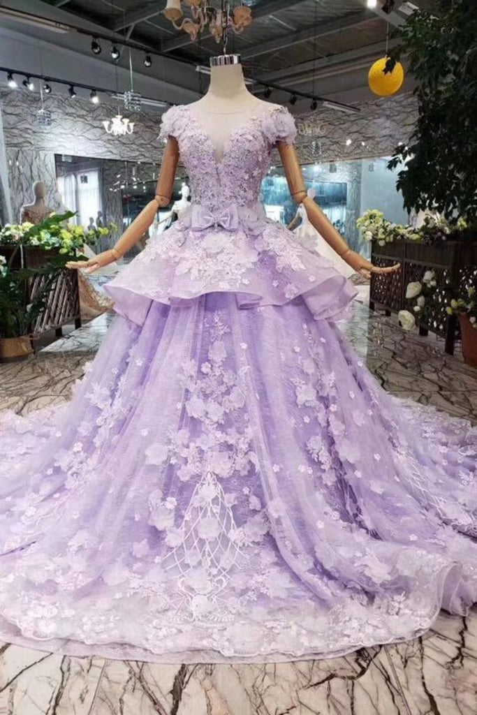 Lilac Ball Gown Short Sleeve Prom Dresses with Long Train, Gorgeous Quinceanera Dress N1717