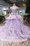 Lilac Ball Gown Short Sleeve Prom Dresses with Long Train, Gorgeous Quinceanera Dress UQ1717