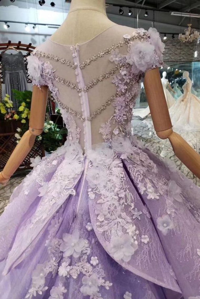 Lilac Ball Gown Short Sleeve Prom Dresses with Long Train, Gorgeous Quinceanera Dress UQ1717