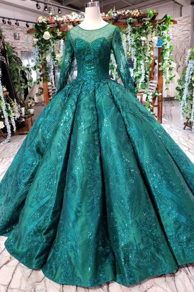 Dark Green Long Sleeves Ball Gown Prom Dress with Beads, Quinceanera D ...