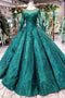 Dark Green Long Sleeves Ball Gown Prom Dress with Beads, Quinceanera Dress UQ1713