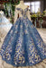 Ball Gown Prom Dresses Sheer Neck Long Sleeves Lace Up Back Sequins Appliques UQ1715