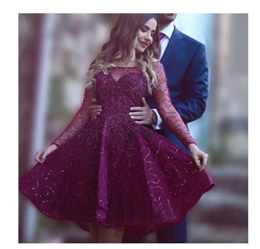 Wine Red Long Sleeves Prom Dresses Beading Prom Gowns Cute Party Dress Short Prom Dress UQP0006