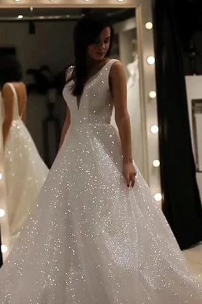 A-line V-neck Sparkly Wedding Dress, Sequin Backless Prom Bride Dress UQW0028