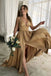 Plunging Neck Satin Chiffon Long Evening Bridesmaid Dress with Split UQB0005