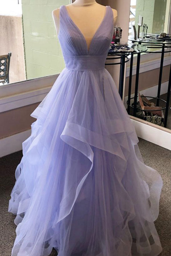 Lavender Simple V Neck Tulle Prom Dress, Cheap Long Evening Gown UQP0064
