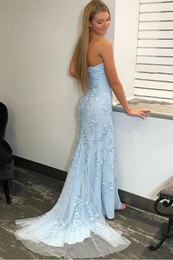 Light Sky Blue Mermaid Strapless Split Prom/Formal Dress With Lace Appliques UQ2528