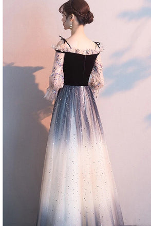 Newest Spaghetti Straps Sequin Shiny Ombre Prom Dresses With Sleeves UQP0017