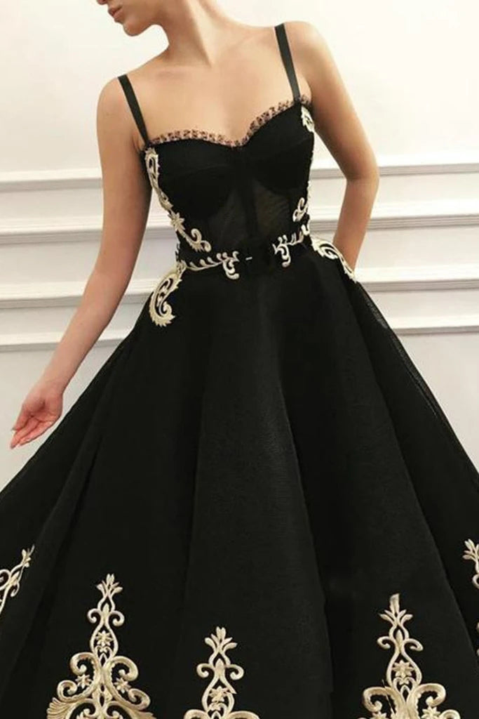 Modest Spapghetti Straps Long Black Prom Dresses With Appliques UQP0018