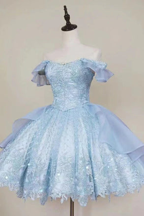 Princess Off the Shoulder Short Light Blue Lace Homecoming Dress UQH0097