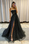 Black A Line Spaghetti Straps Prom Dresses with Slit, Sparkly Evening Gown UQP0162