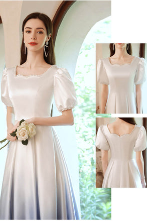 Ombre Short Sleeves Square Neckline Satin Blue Long Prom Dress with Pearls UQP0070